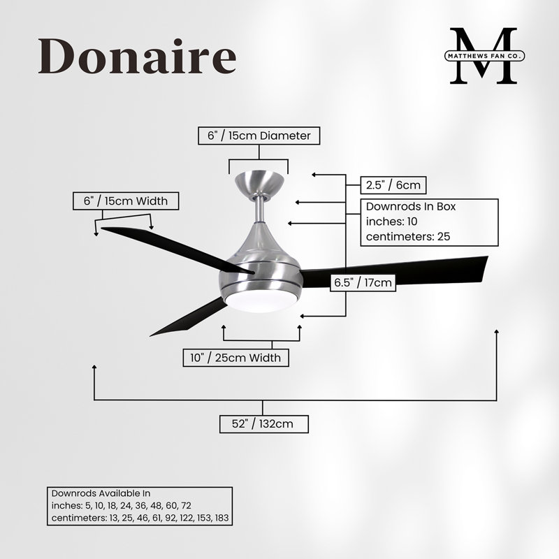 Donaire LED Outdoor Downrod Ceiling Fan, Brushed Stainless, Matte Black