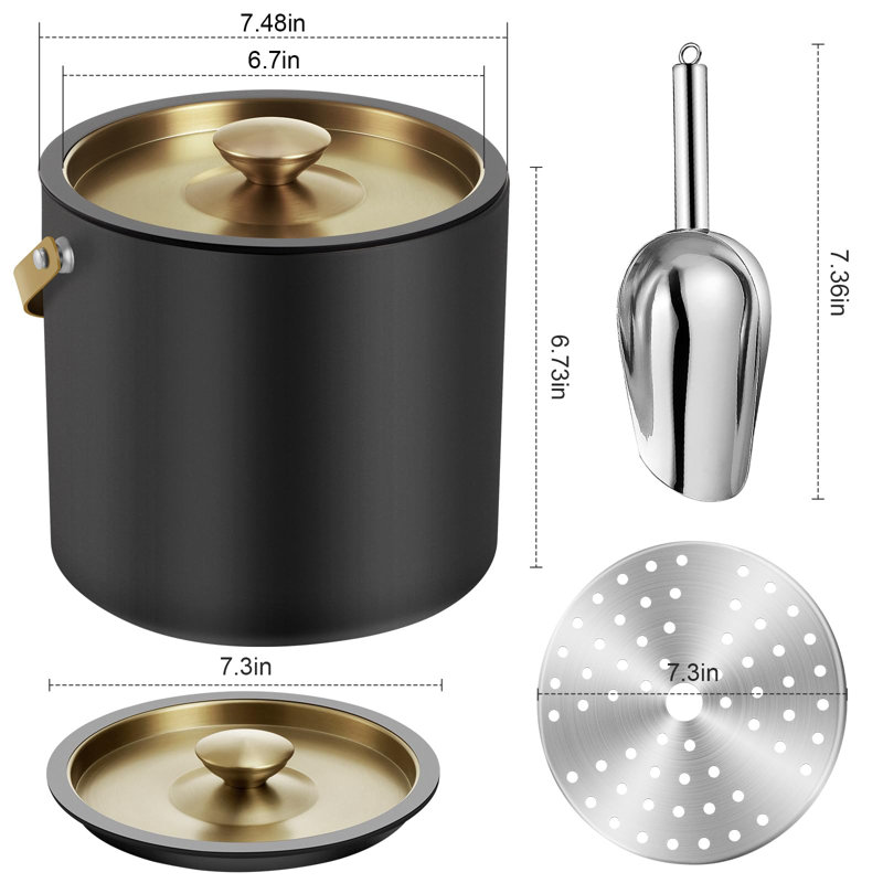 3.2L Insulated Ice Bucket With Silicone Lid, Scoop, Strainer, Double Wall Stainless Steel Ice Bucket