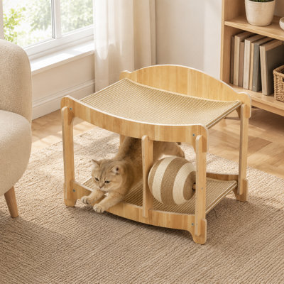 2-Tier Solid Wood Cat Scratching Bed with Interactive Sisal Ball – 22.8" x 13" x 20.1" Pet Lounge & Scratch Pad, for Indoor Cats & Kittens (Nature)