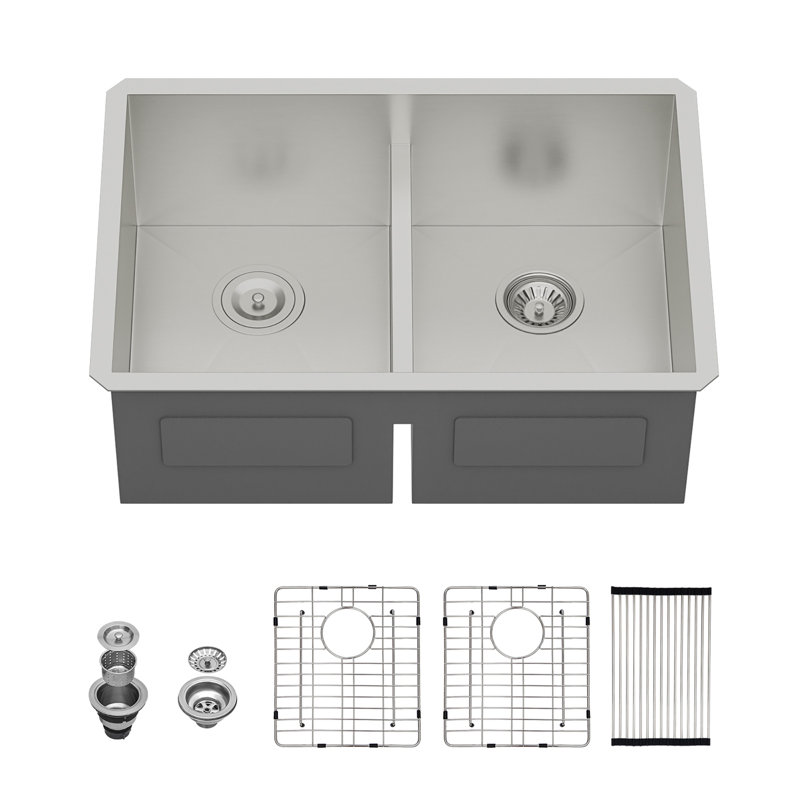 Évier de cuisine encastrable 33 po à cuve double en acier inoxydable de calibre 16 50/50, nickel brossé
