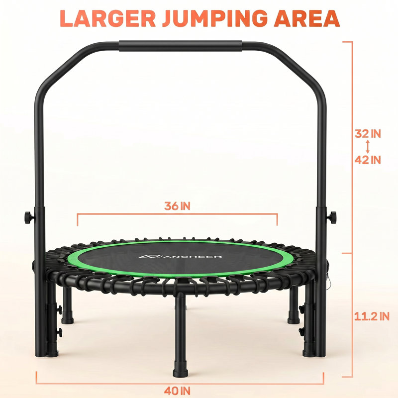 40" Foldable Mini Trampoline,Max Load 450Lbs Indoor Trampoline,With 4 Level Adjustable Foam Handle And Resistance Bands,Adult Exercise Trampoline For Home, Garden, And Gym