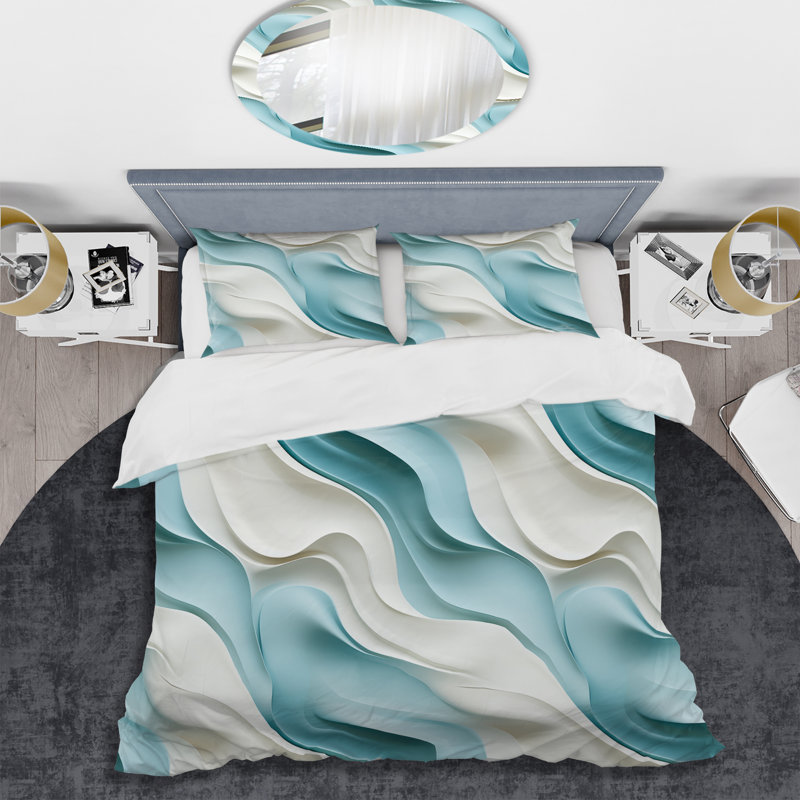 Literie bleue et blanche, Housse de couette pour grand lit et 2 taies décor