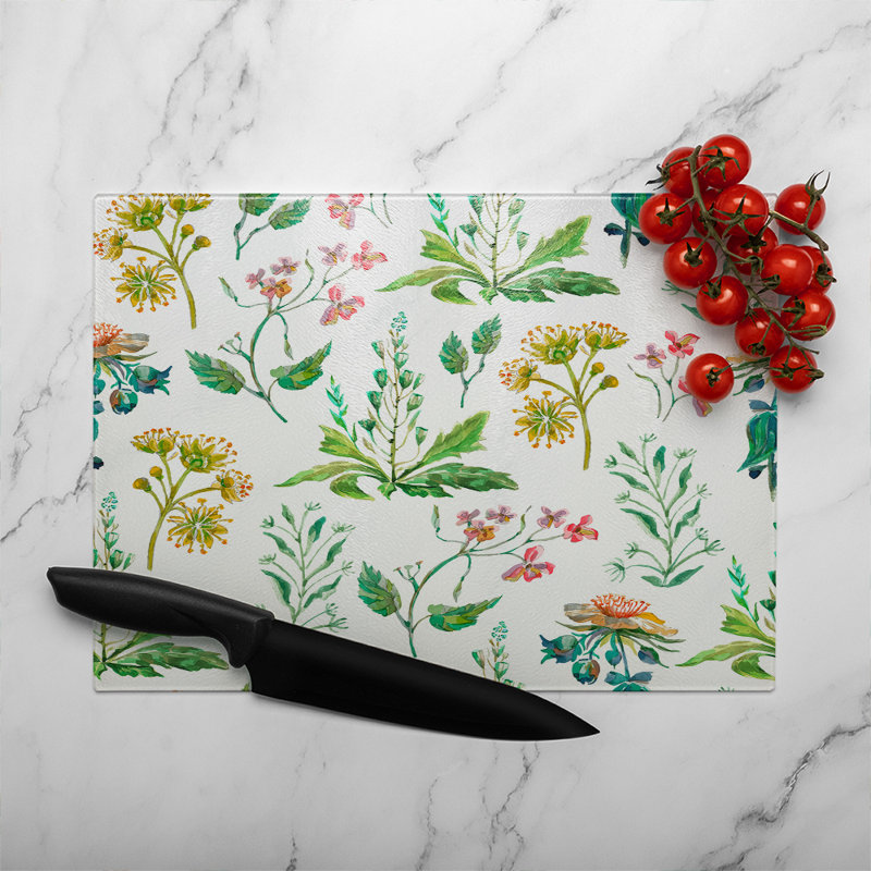 Watercolour Leaves & Flowers Glass Chopping Board