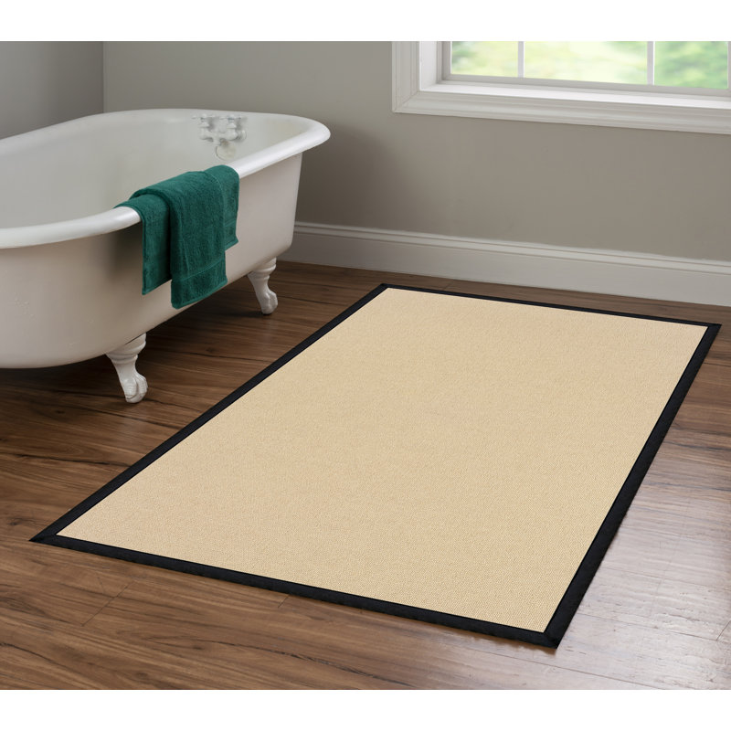 Nannette Handmade Light Beige Berber with Black Faux Leather Border Made in the USA Area Rug, Rectangle 4' x 6'