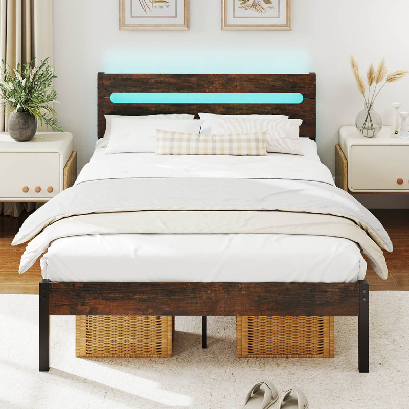 Structure de lit double avec base de charge intégrée, base de matelas robuste brun rustique + noir, Noyer / Noir