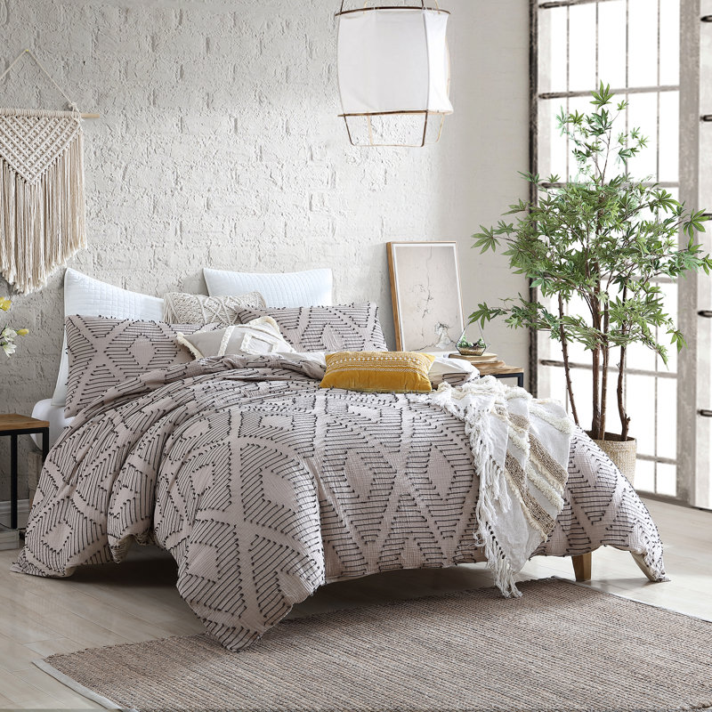 Puyuma 100% Cotton Diamond Clip Jacquard 5-Piece Comforter Set, Full/Queen Comforter + 2 Shams + 2 Throw Pillows, Taupe