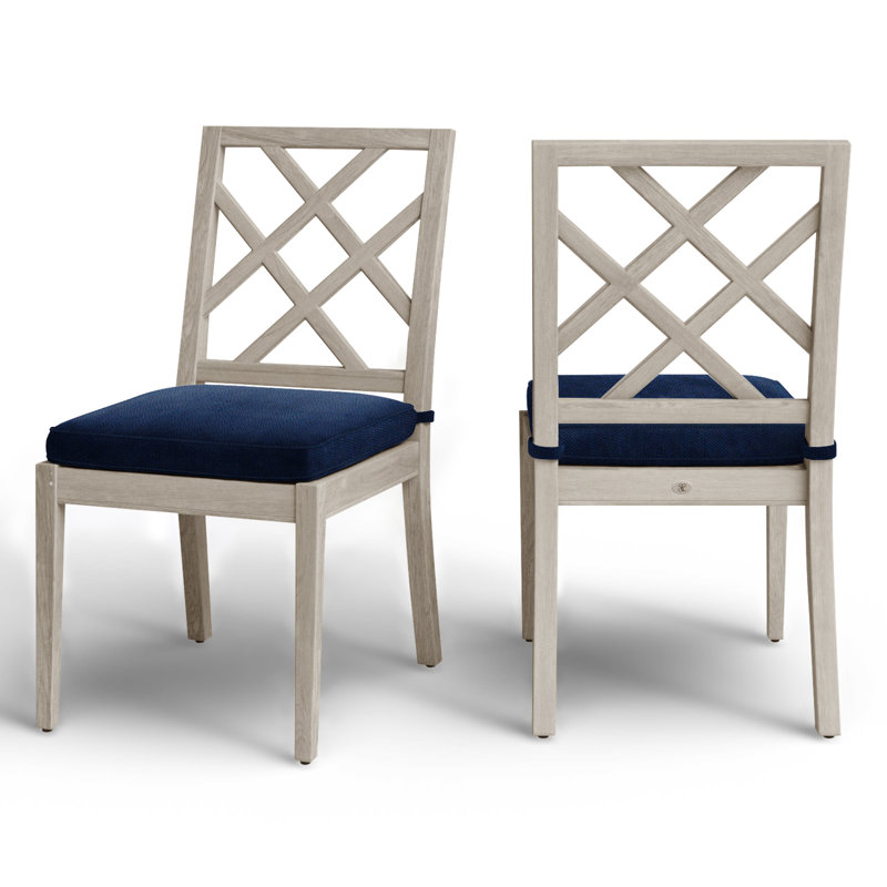 Haley Patio Dining Side Chair with Cushions, Oyster Teak, Indigo Velvet, Welt