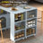 Rolling Kitchen Island With Extended Table, Kitchen Island On Wheels With LED Lights,Power Outlets And 2 Fluted Glass Doors, Kitchen Island With A Storage Compartment And Side 3 Open Shelves-10912837