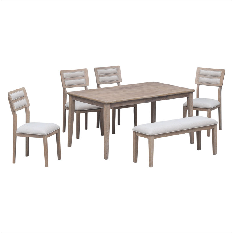 Ensemble de salle à manger 6 pièces de style classique et traditionnel, comprenant une table de salle à manger, 4 chaises rembourrées et un banc