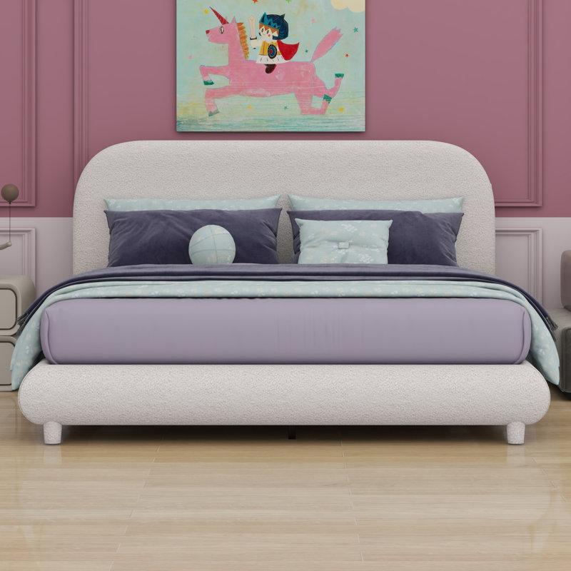 Lit plateforme tapissier avec tissu épais, structure solide et design courbé élégant, Beige, Grand lit