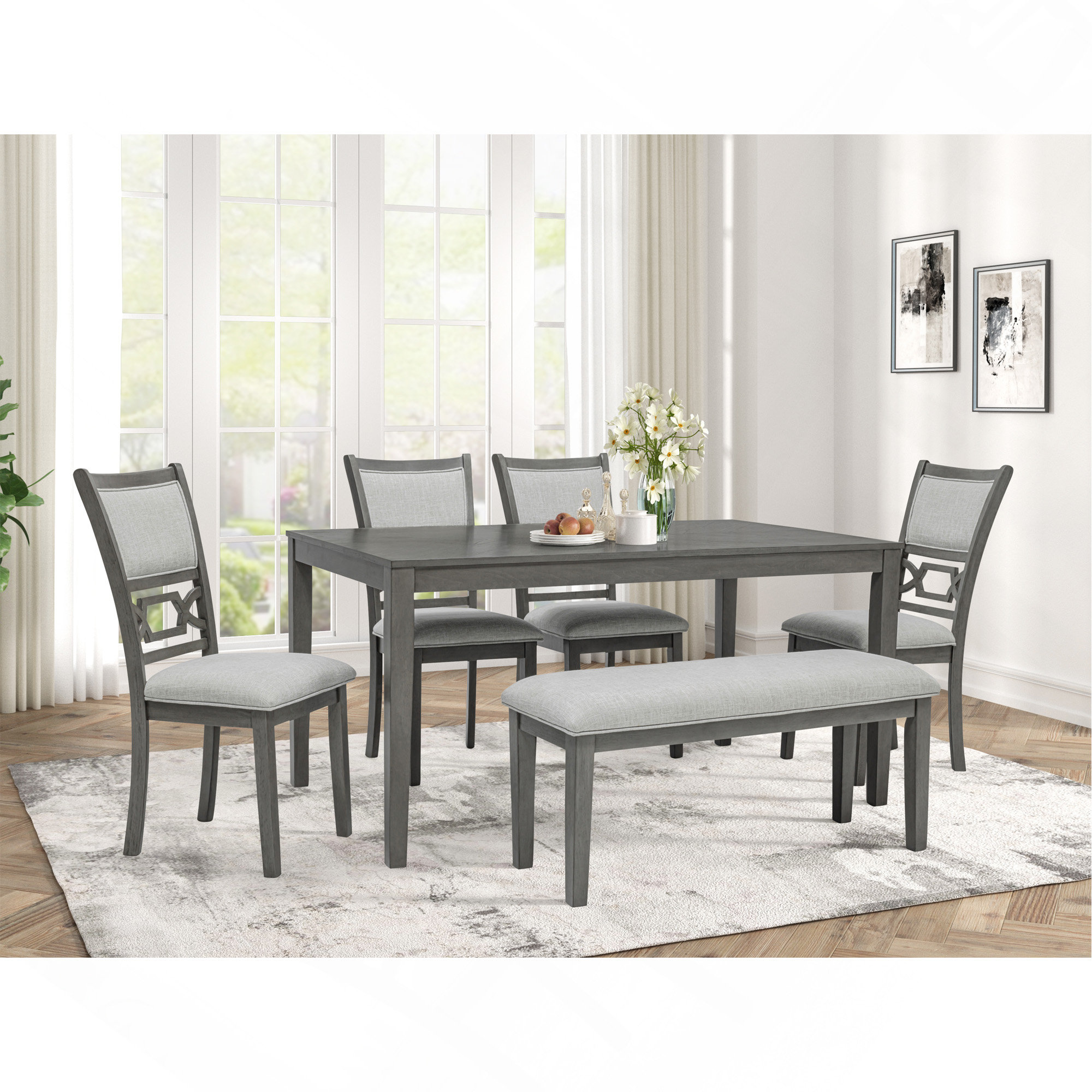 August Grove® Beautiful Round 6-Piece Dining Table Chair Bench Set ...