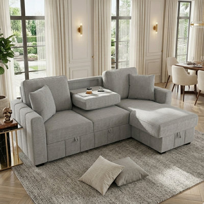 90 Inch Upholstery Sleeper Sofa Bed- 2 Back Cushion Cup Holders