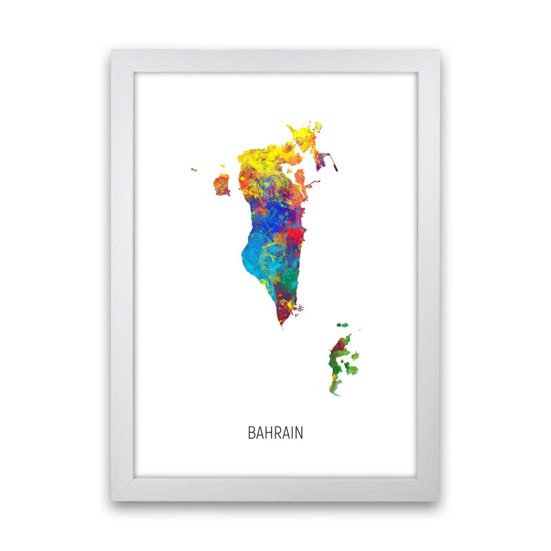 Bahrain Watercolour Map by Michael Tompsett - Print, White Framed, 88cm H x 64cm W x 3cm D