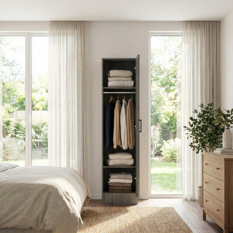 Grande armoire peu encombrante avec tablettes et tringle, Gris