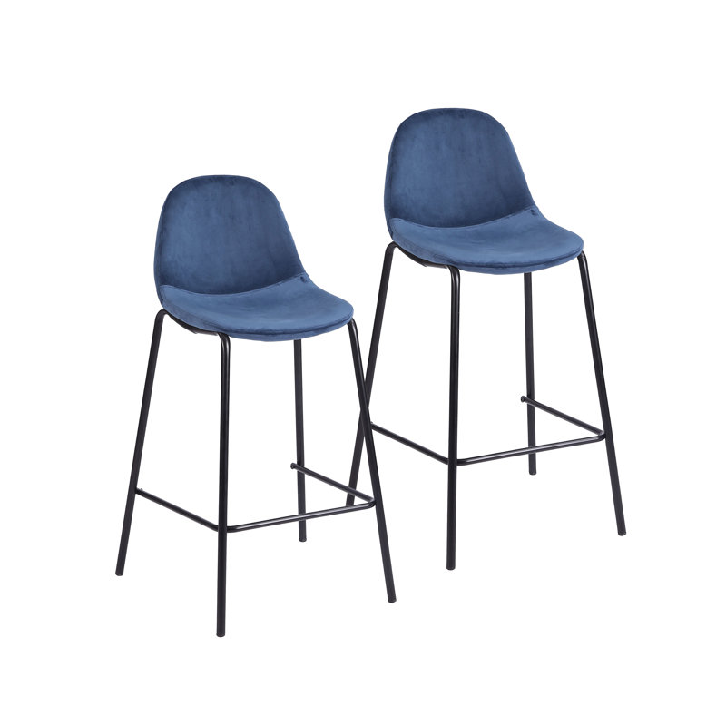 Lazio Velvet Bar Stool with Iron Legs, Blue, Bar Stool (29.13” Seat Height)