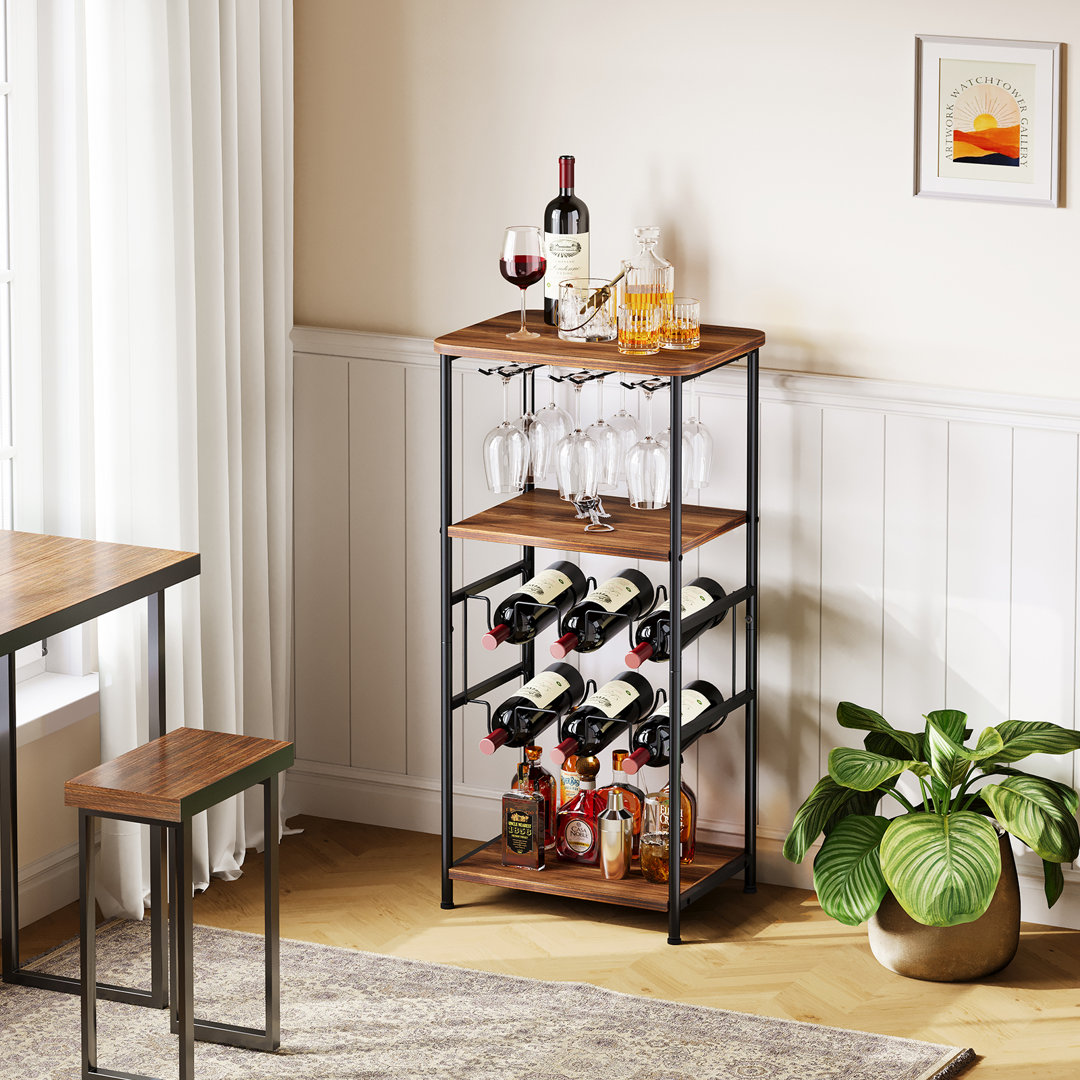 2-Tier 6 Bottles Wine Rack Free Standing Floor With Wine Glasses Holder,Wooden Table Top
