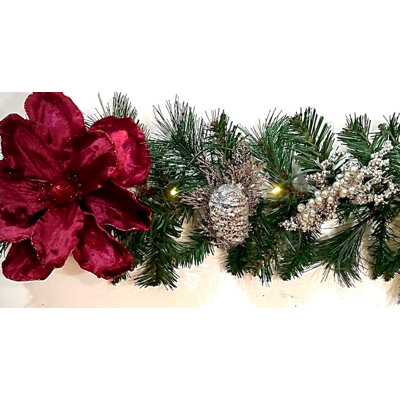 Guirlande de Noël bourgogne et métallique pré-éclairée: guirlande de Noël bourgogne, blanche, platine / argentée et dorée / champagne