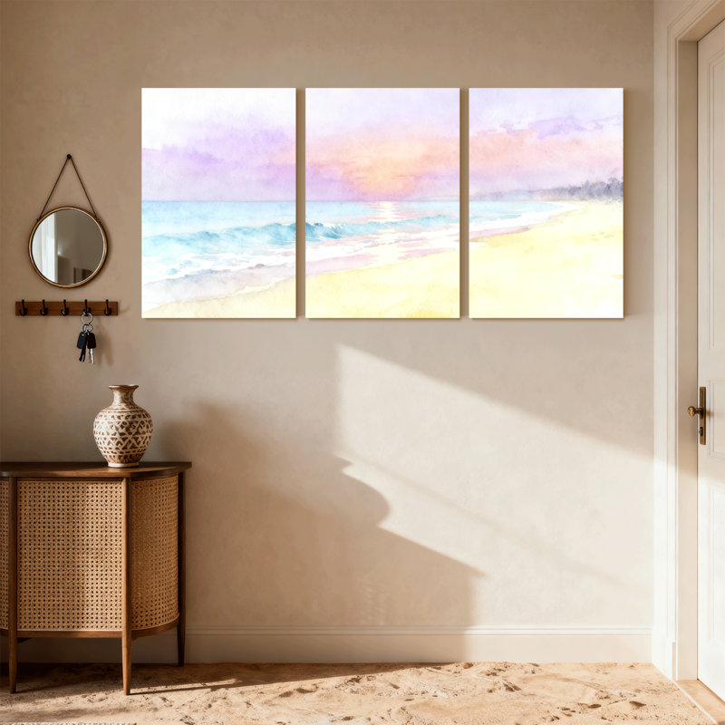 Plage, ciel pastel, vagues de l'océan, plage de sable, coucher de soleil, horizon, ensemble de 3 impressions sur toile