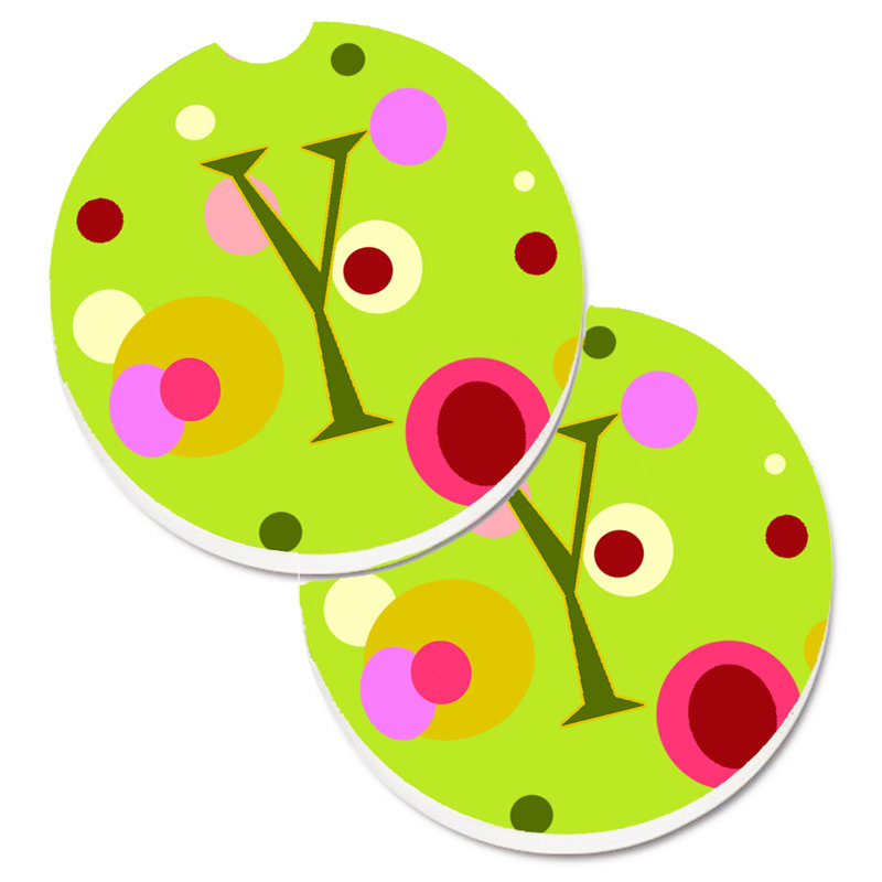 Ceramic Round 2 Piece Car Coaster Set, Y, Green