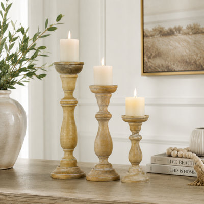 Handcrafted Candleholder in Whitewash, Set of 3