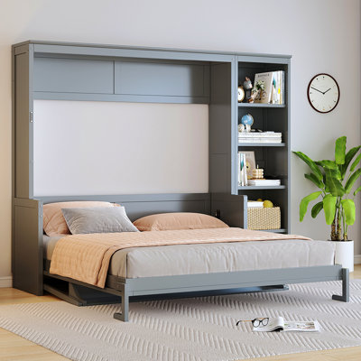 Queen Size Murphy Bed With Desk And Bookshelf, Gray