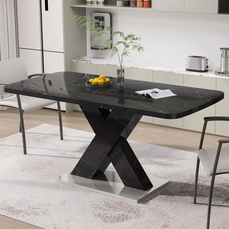 Table de salle à manger moderne carrée, extensible, avec plateau de table en marbre imprimé et panneau de fibres à densité moyenne
