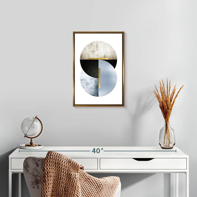 Bleu, beige, noir, géo, Cadre flottant doré, 13 po x 19 po