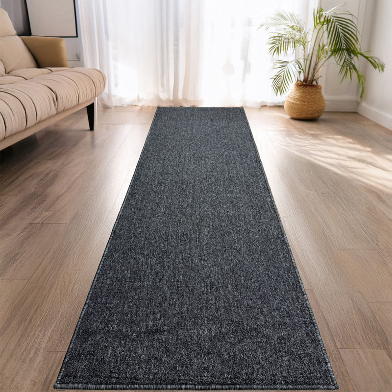 Custom Size Anti Slip Latex Back Machine Washable Low Profile Loop Pile Abstract Charcoal Runner Rug, Runner 2'2" x 35'