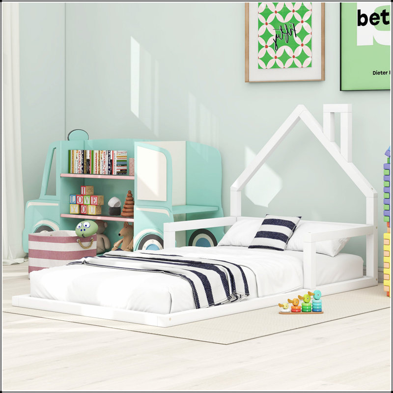 Wood Floor Bed With House-Shaped Headboard, Durable Solid Wood Construction For Cozy And Modern Bedrooms, Twin, White
