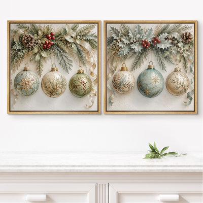 Ornements de Noël rétro avec verdure givrée et élégance des Fêtes, ensemble de 2 reproductions d'art sur toile encadrées