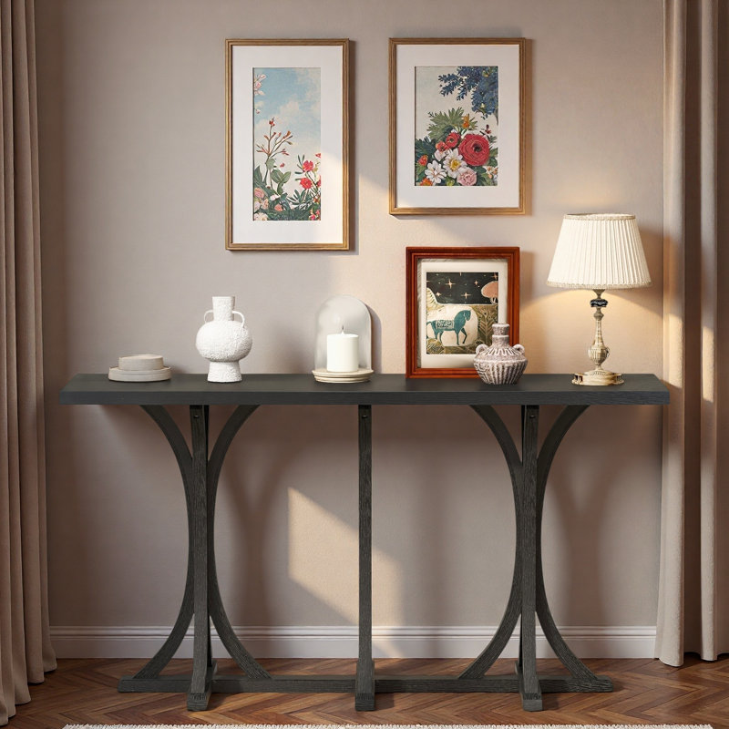 Console en bois avec plateau en placage de chêne et pieds courbés, Noir
