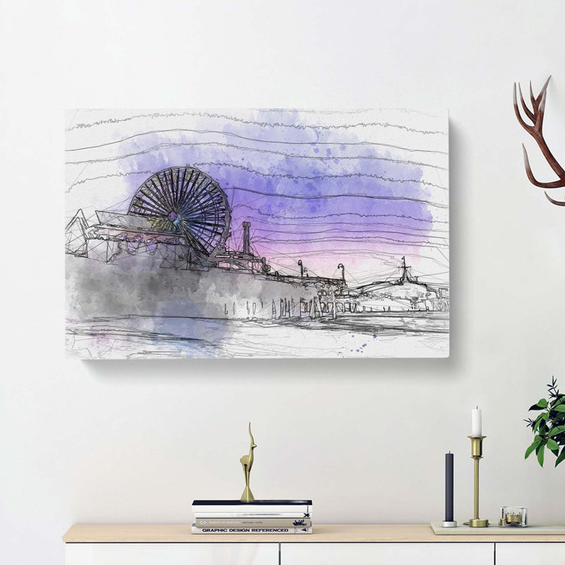 Santa Monica Pier Fairground in Abstract - Wrapped Canvas Drawing - Wrapped Canvas, 50cm H x 76cm W x 3cm D