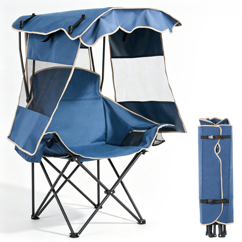 Single Outdoor Chair With Canopy Shade, Folding Reclining Beach Chair With Cup Holder And Cooler Bag, Lightweight Lounge Chair