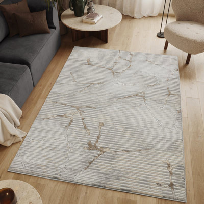 7 Ft. 10 In. X 6 Luxury Area Rug With Linear Modern Patterns, Jute Backing, Stain - Performance Rectangle In Grey Hues, Machine Made For Living Areas, Design