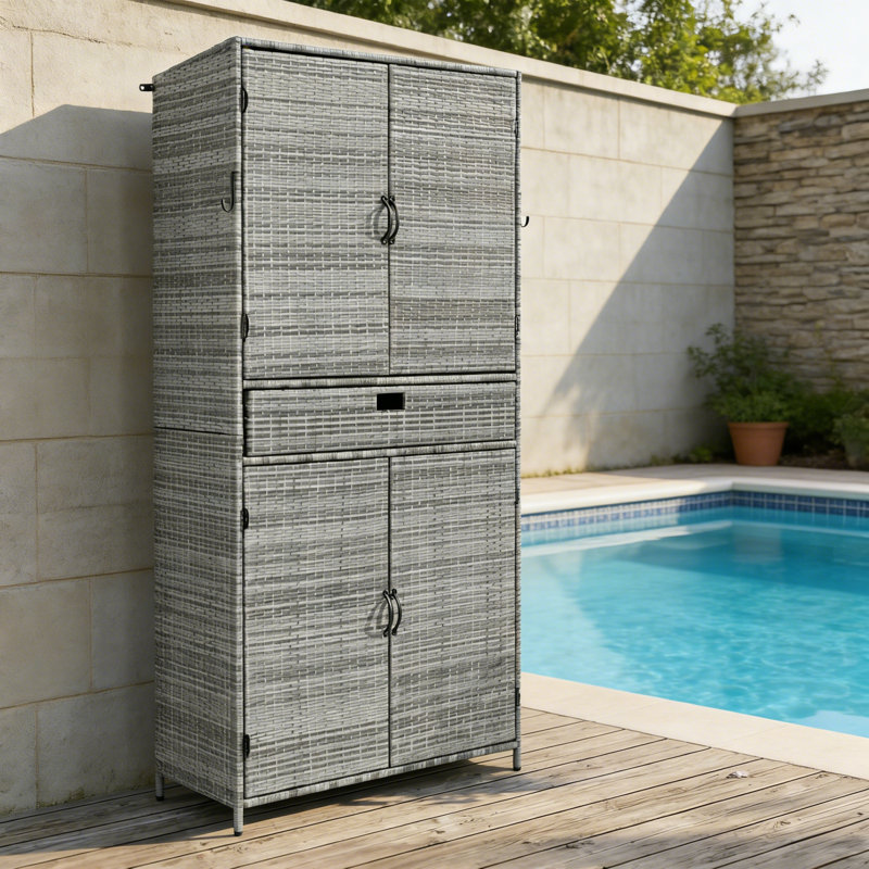 Armoire de rangement d'extérieur en osier de 76,4 po de hauteur avec tiroir et tablettes réglables, remise de patio autoportante en rotin