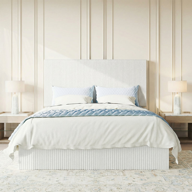 Modern Corduroy Fully Upholstered Platform Bed With Headboard, No-Dust Design, No Box Spring Needed, Black, King