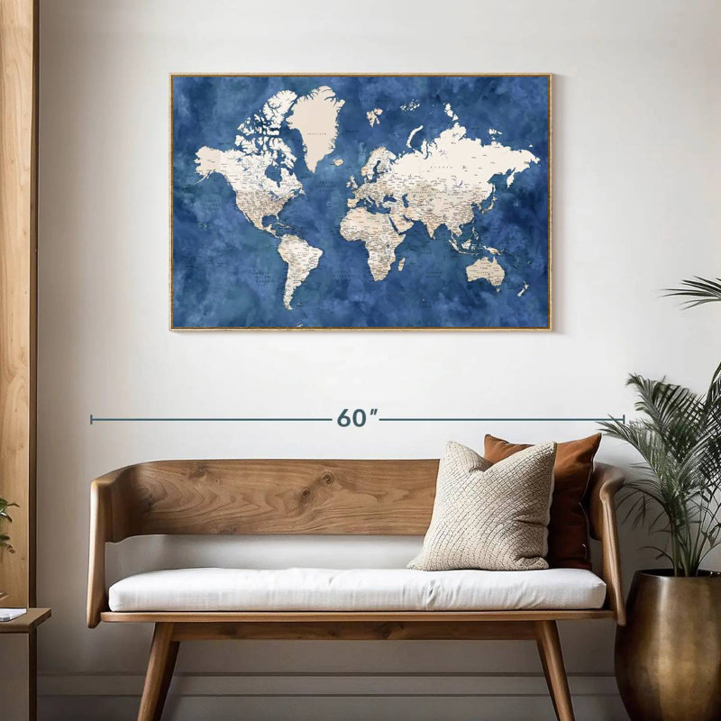 Carte détaillée du monde avec les villes I, 19 po x 13 po, Cadre flottant en bois naturel