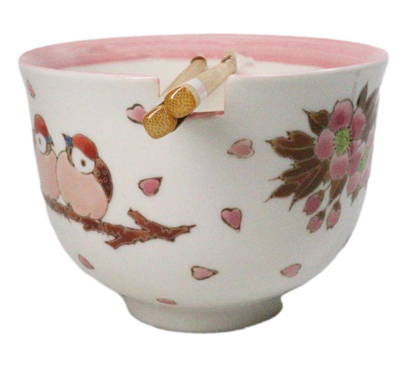 Twin Sparrows Cherry Blossom Ceramic Donburi Ramen Bowl With Chopsticks Set