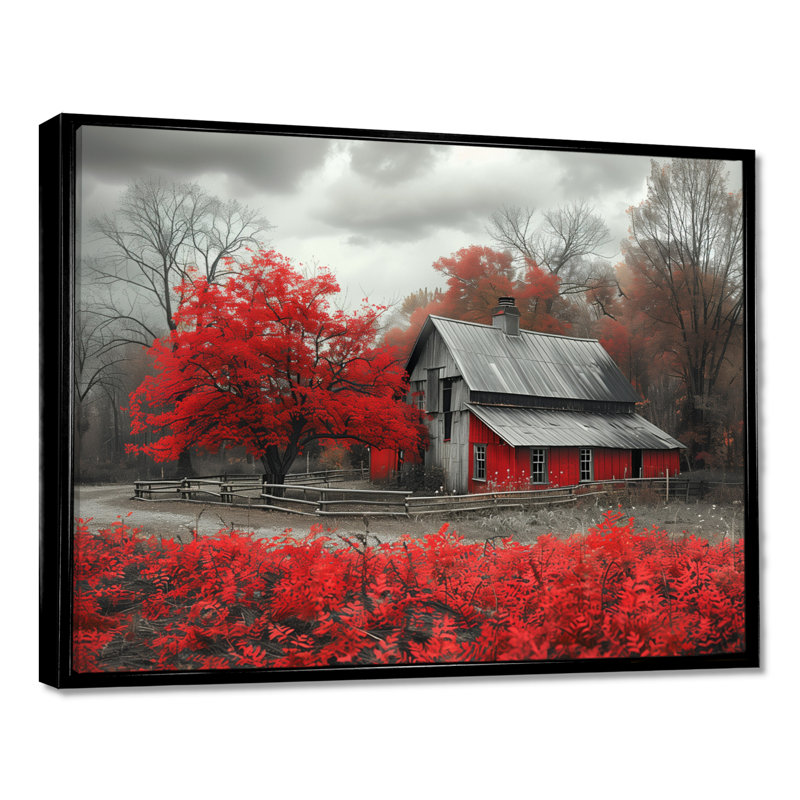 Rouge et gris Autumn Barn Refuge II - Art mural de grange, Toile avec cadre flottant noir, H 34 po x l 44 po x P 1,5 po