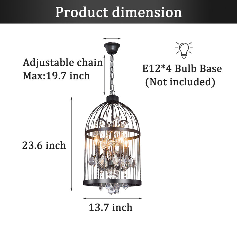 4-Light Dimmable Black Iron Birdcage Crystal Chandelier