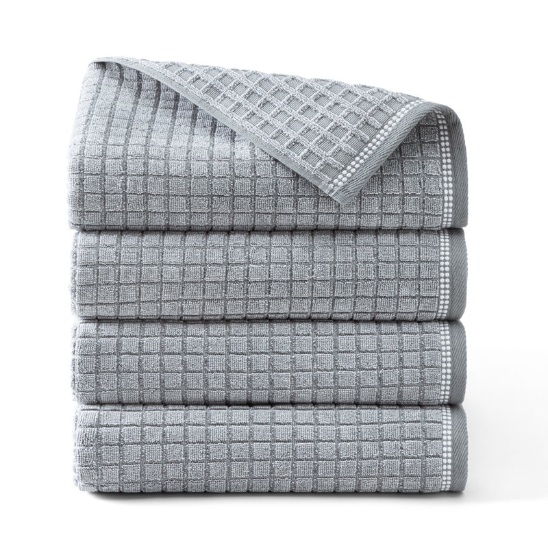TOWN & COUNTRY EVERYDAY 4-Piece Textured Windowpane Bath Towel Set, 30x58-Inch, 100% Cotton, Gray