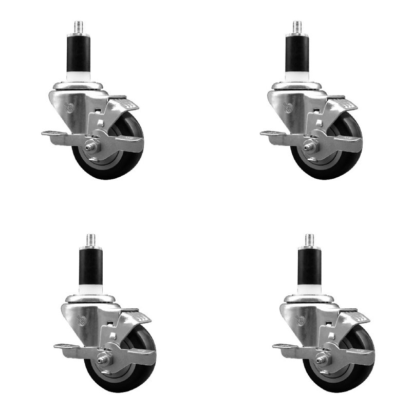 Ensemble de roulettes extensibles en polyuréthane pivotant 3/8 pouces 3 pouces avec frein SCC, Noir