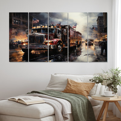 Camion de pompier I - pompier, reproduction d'art sur toile - 5 panneaux égaux