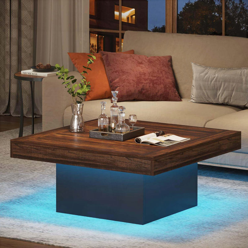Table basse carrée à DEL avec plateau en bois d'ingénierie et base noire - Brun rustique