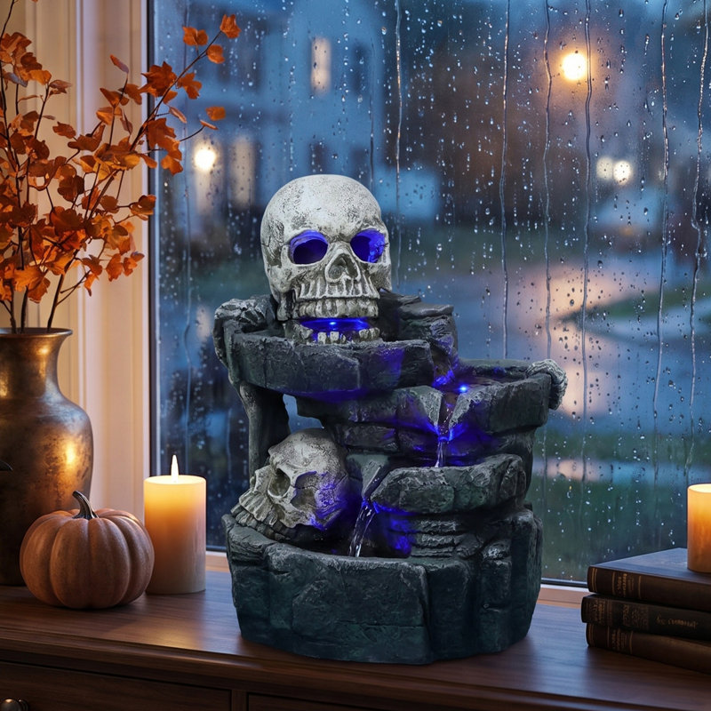 Fontaine de bureau d'Halloween avec écoulement de crâne à DEL, cascade de crâne en cascade avec DEL bleue