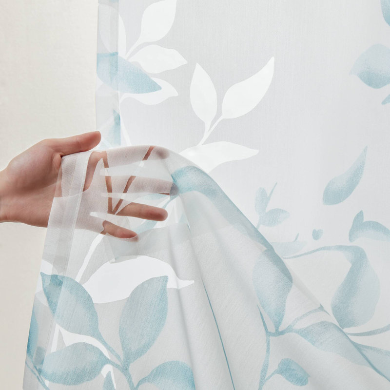 Cecily Aqua Floral Printed Burnout Sheer Grommet Single 50x84" Curtain Panel, Aqua, 50" W x 84" L