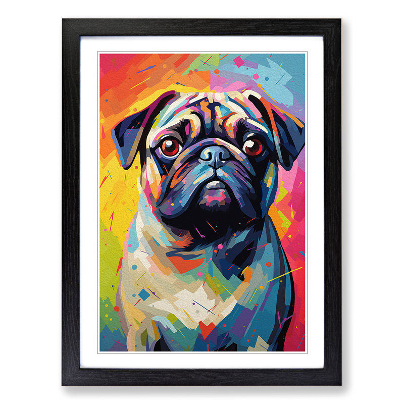 Pug Colour Field - Single Picture Frame Print on Wood, 64cm H x 46cm W x 2" D, Black Framed