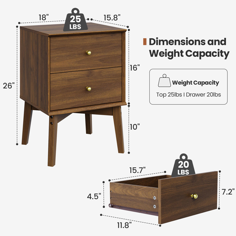 Mid-Century Modern 2-Drawer Nightstand With Tapered Legs, Dark Walnut
