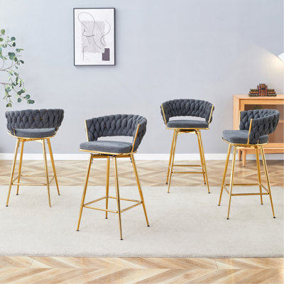 Chaise pivotante quatre pièces, assise douce en coton et en lin noirs, pieds en métal doré, résistant à la rouille et à l'usure, convient aux tables hautes dans les restaurants / bars