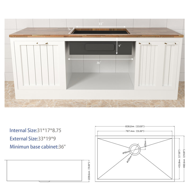 Lavabo de cuisine 33 po - Acier inoxydable encastrable avec guide de débit 33 po x 19 po x 9 po facile à nettoyer